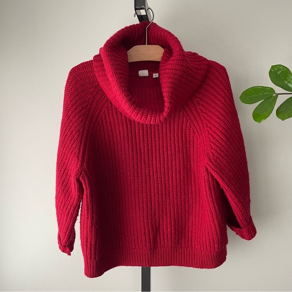 GAP Wool Alpaca Chunky Oversized Roll Cowl Turtle Neck Knit Pullover Sweater Red - Picture 1 of 8